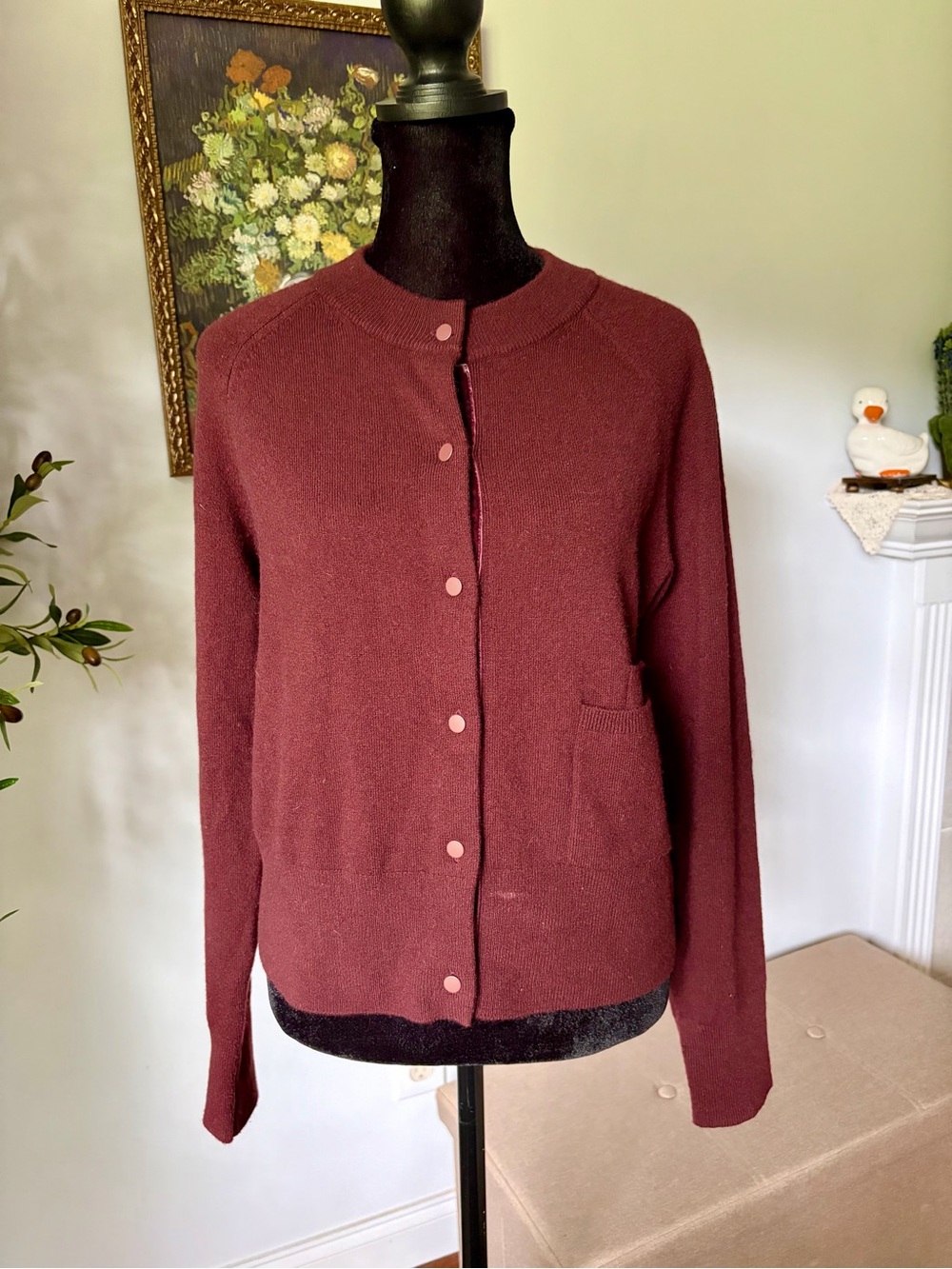 Vince Velvet Trim Burgundy Button-Front Crewneck Cardigan
